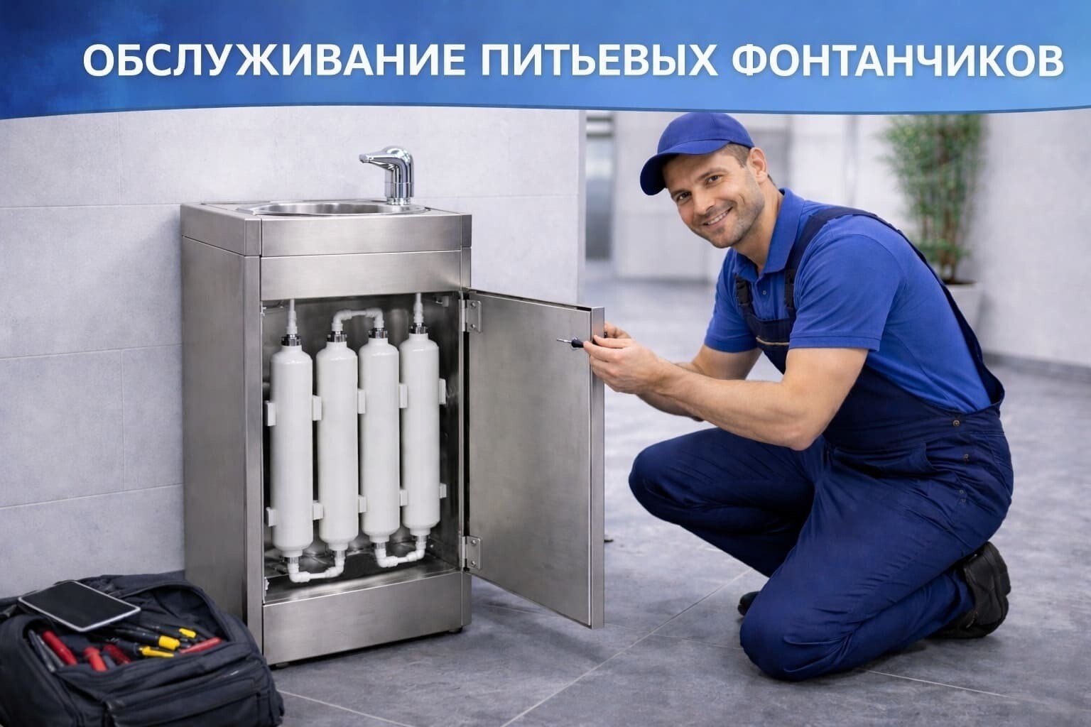 Сервисный инженер проверяет работу питьевого фонтанчика в офисе